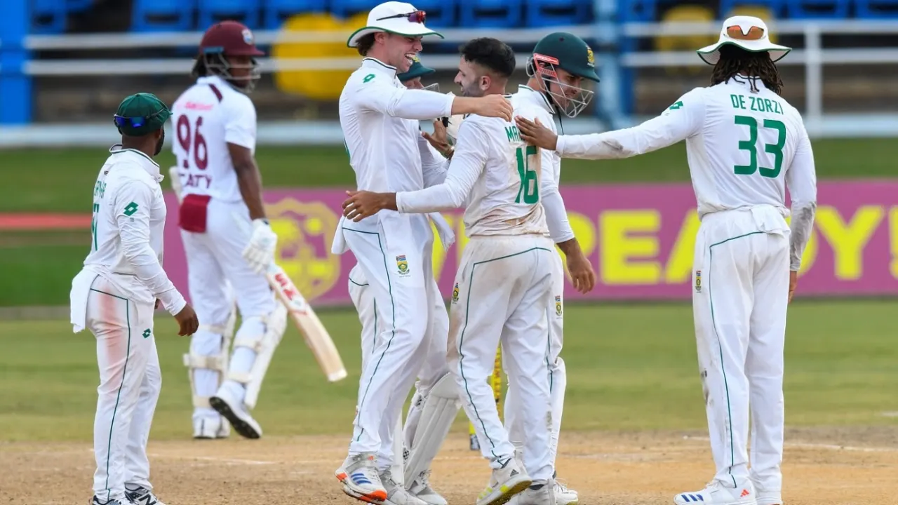 Maharaj's 28-over spell applies squeeze on West Indies on a rain-affected day